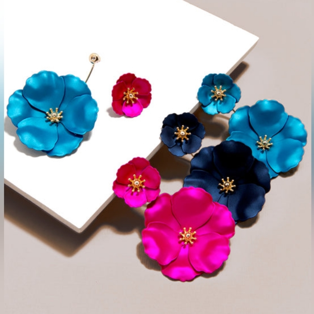 Purple Metallic/18K Gold 3D Hand-Painted Floral Earrings (2-in-1) - Picture 10 of 15